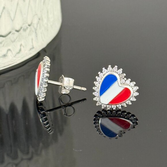 France Flag Earrings Heart bling S925 Sterling Silver Handmade Ear Stud - Picture 2 of 4
